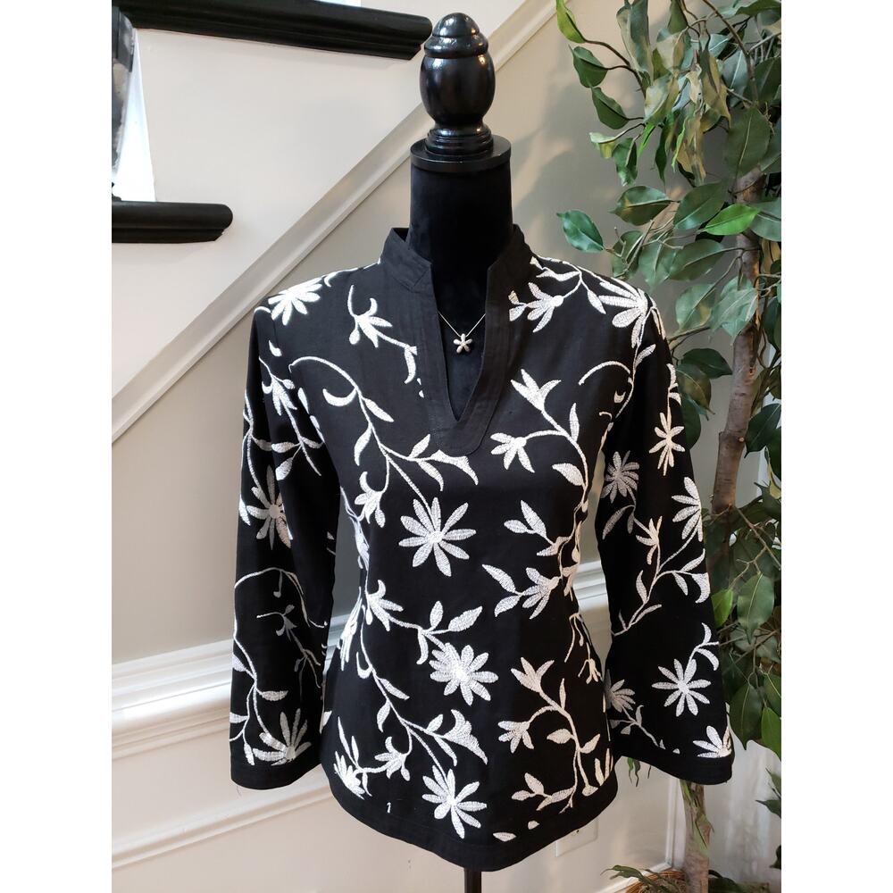 Carole Little Tunic Top Women S Black White Floral Embroidered Linen Boho Chic